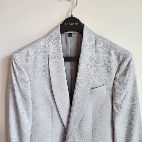 36L Dinner Jacket Silver Gray Shawl Lapel Skinny Fit Long New Jos A Bank Paisley - Picture 9 of 17